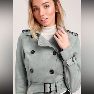Lulu’s Edinburgh Slate Blue Suede Cropped Trench Coat - size small